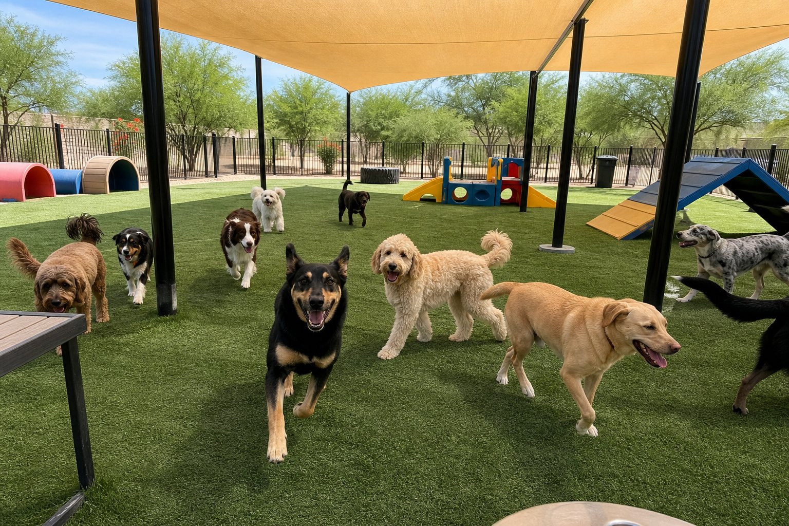 Dogs enjoying supervised daycare play session