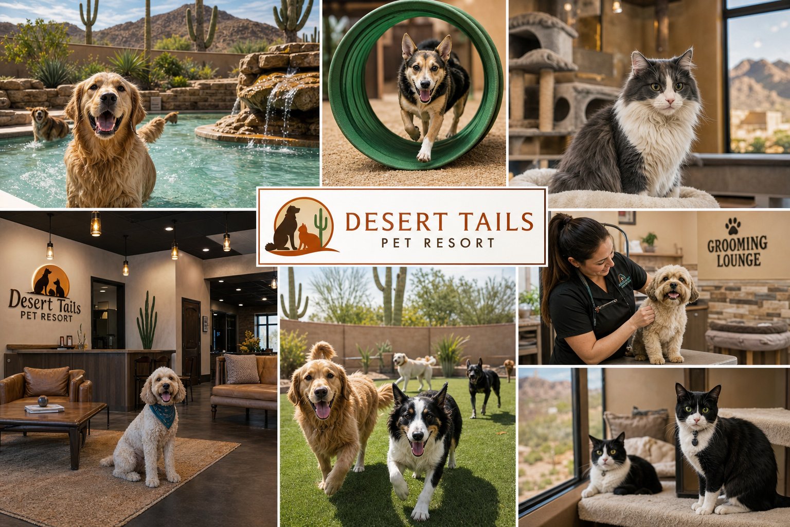 Pets enjoying play tunnels, splash pool, and facility amenities