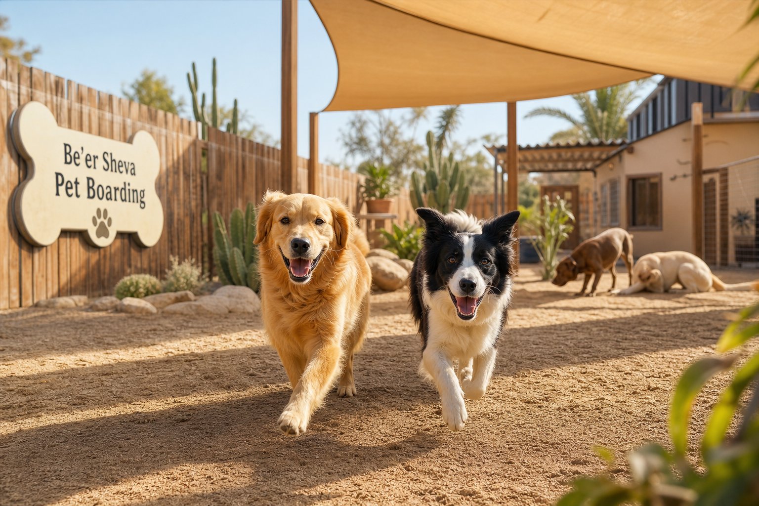 Dogs playing in outdoor desert-themed play yard