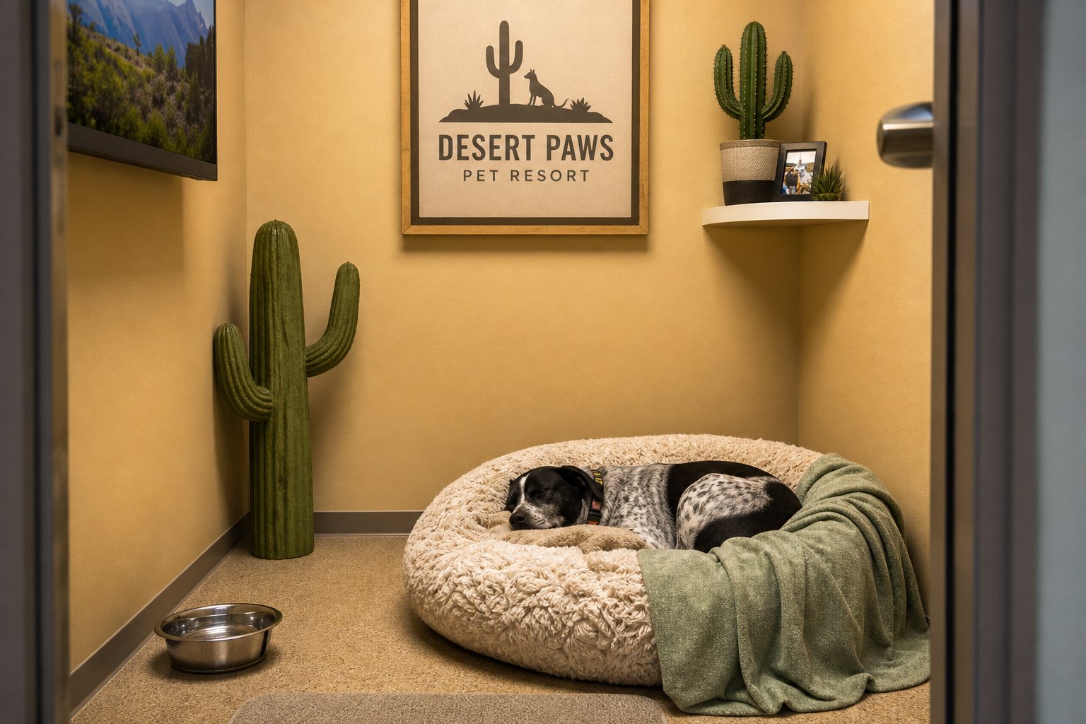 Cozy pet boarding room with comfortable bedding