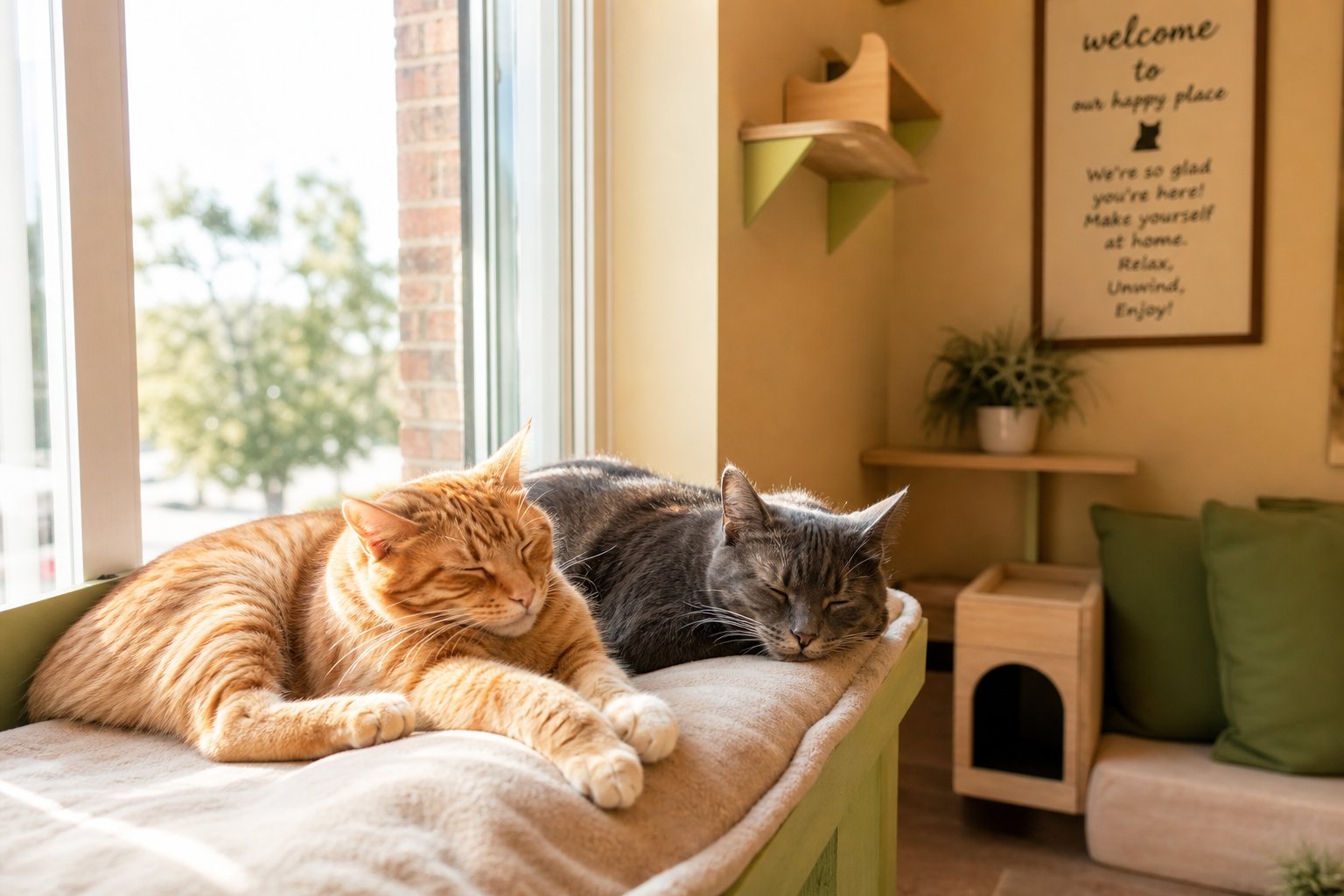 Cats lounging peacefully in sunny boarding area