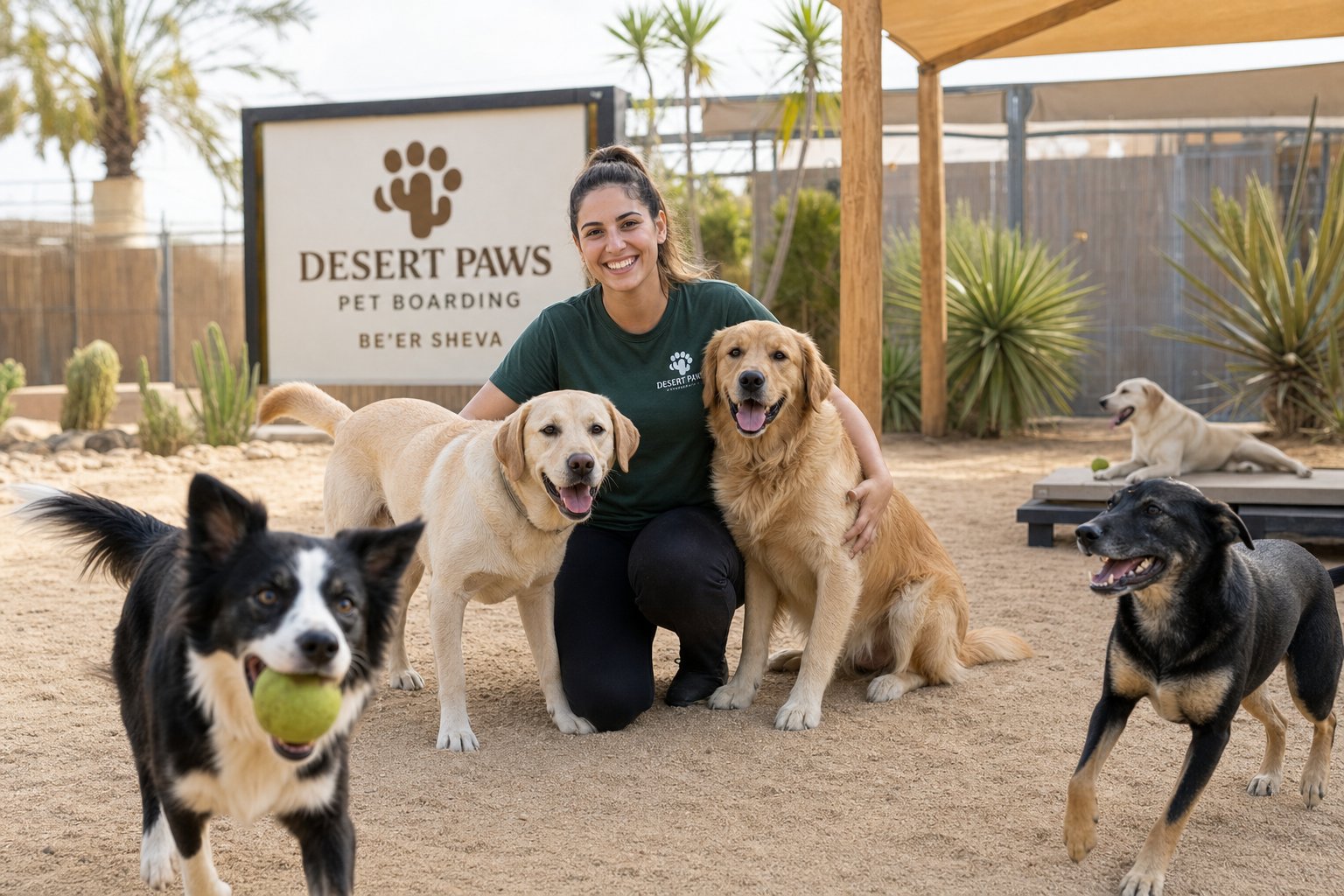 Friendly staff caring for happy pets outdoors